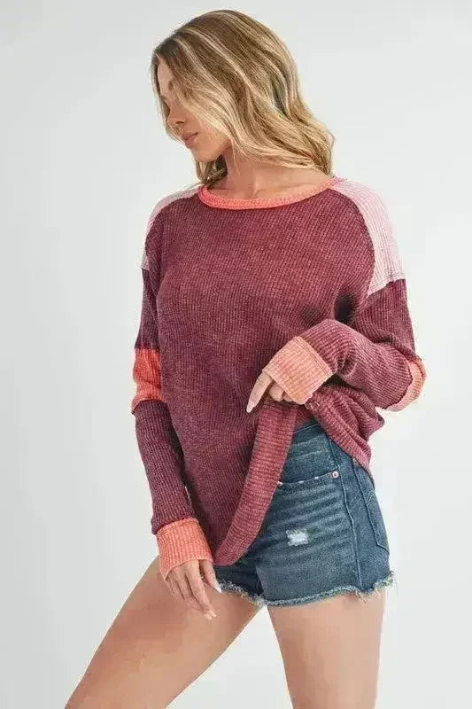 Color Block Knit Top – Raw Seam Detail &amp; Cotton-Spandex Blend