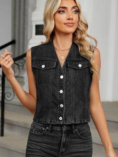V-Neck Button Down Denim Vest for Effortless Style