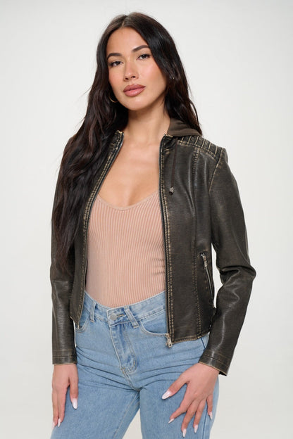 Vegan Leather Hooded Jacket with Pocket