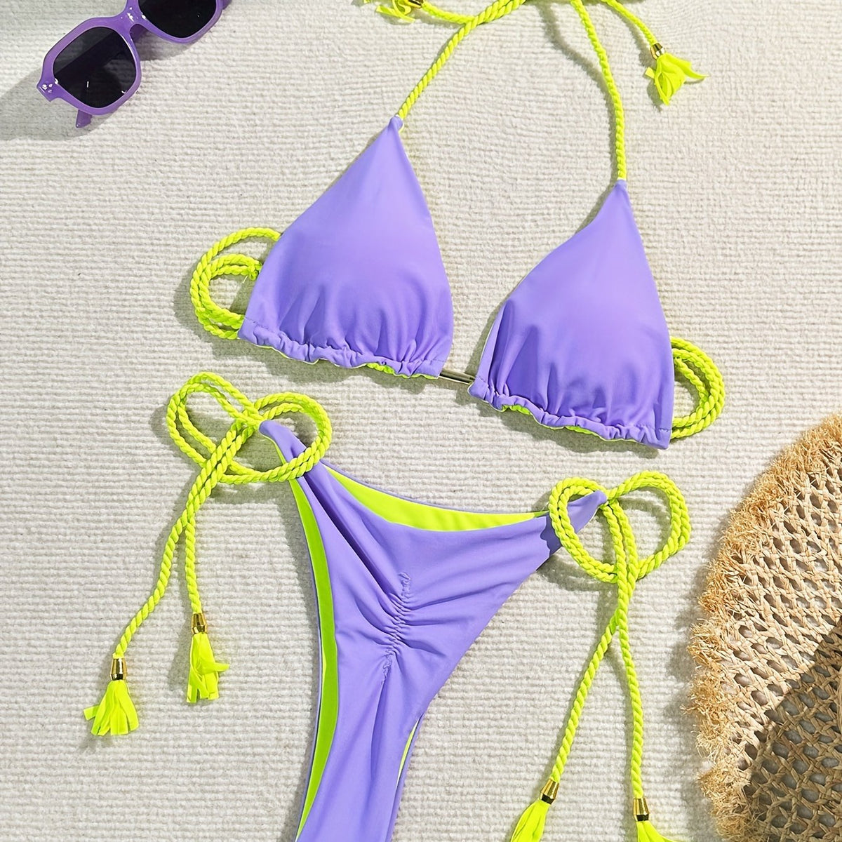 New Festival Flame Halter Bikini Set for Women – Triangle V-Neck Backless Two-Piece Swimsuit with Tie Side Bottoms &amp; Adjustable Lace-Up Fit – Sleek Polyamide Swimwear for Koningsdag/King’s Day &amp; Summer Beach Celebrations