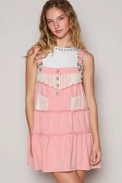POL Lace Patchwork Detail Denim  luxury Dress