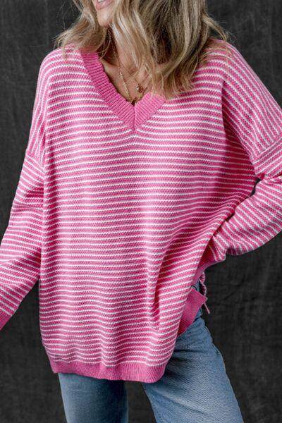 Striped V-Neck Dropped Shoulder Sweater for Women