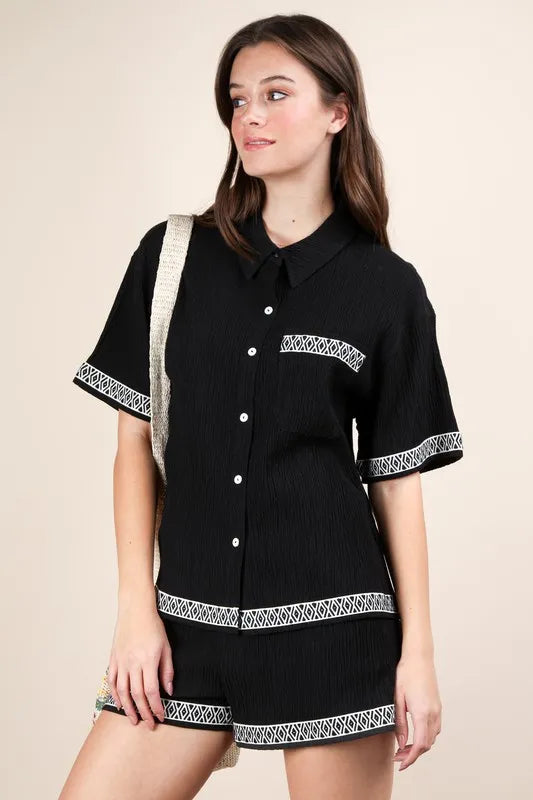 VERY J Crinkled Woven Shirt Top &amp; Shorts Set