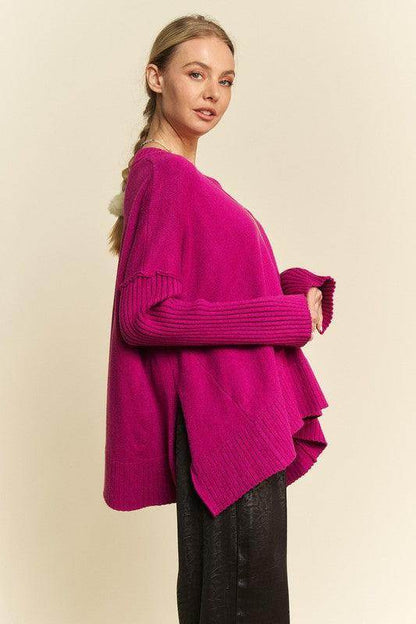 Davi &amp; Dani Ribbed Side Slit V-Neck Sweater for Women