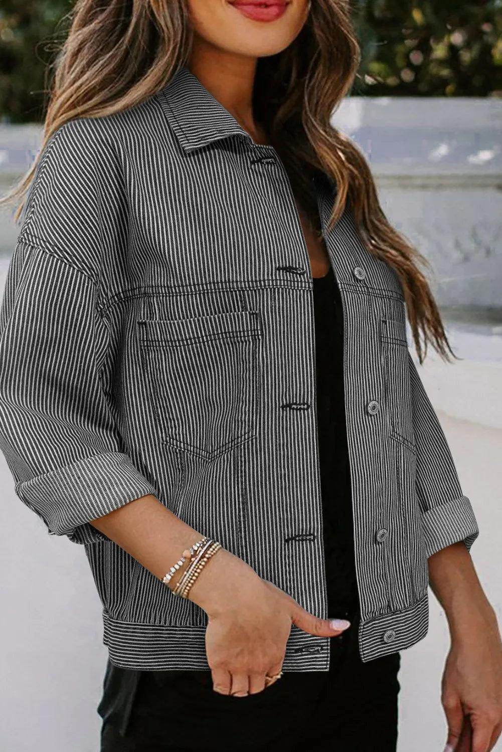 Striped Button Up Long Sleeve Denim Jacket for Women