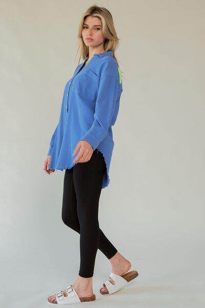 Davi &amp; Dani Letter Back Raw Hem Half Button Shirt Chic