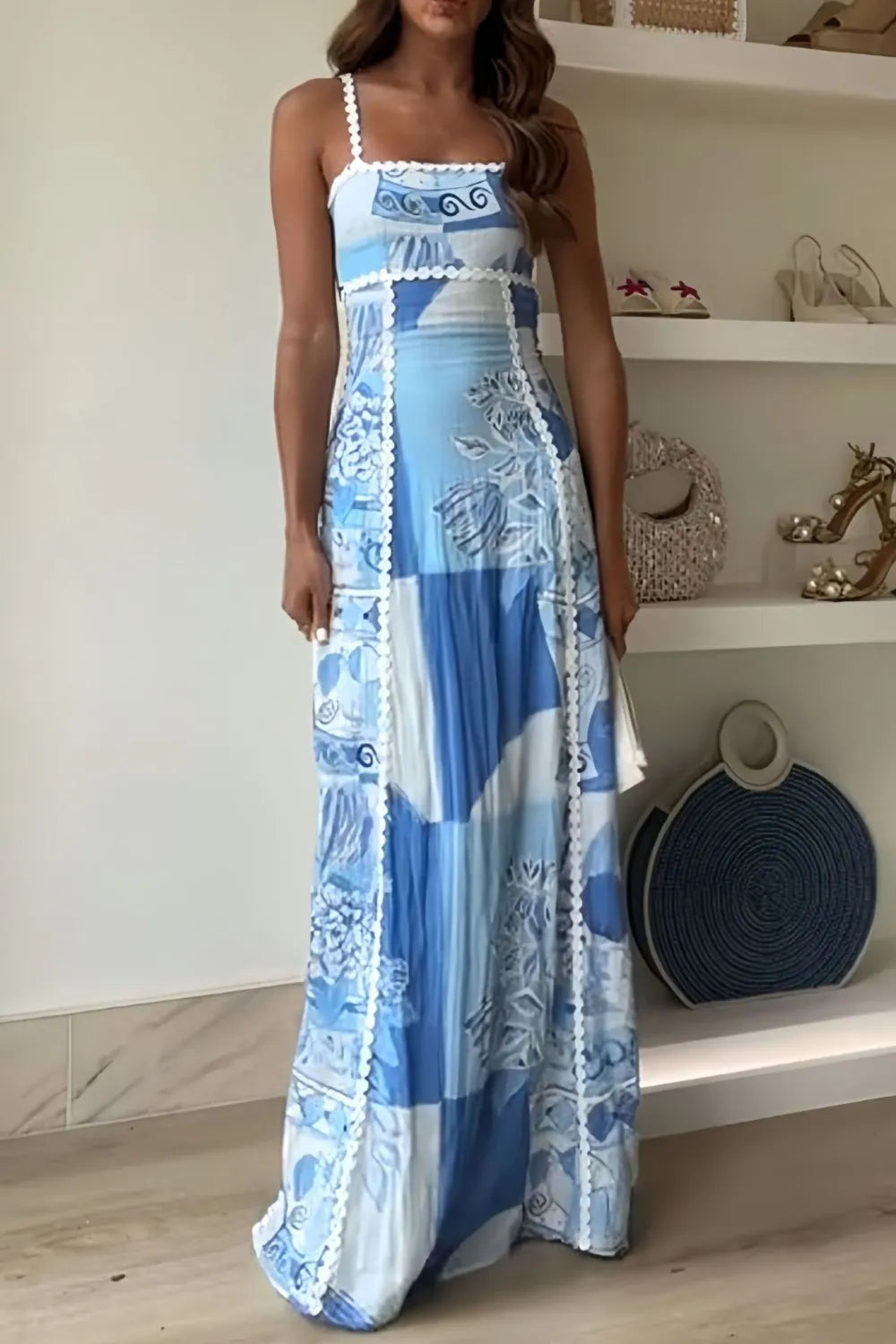 Cutout Back Printed Square Neck Maxi Dress