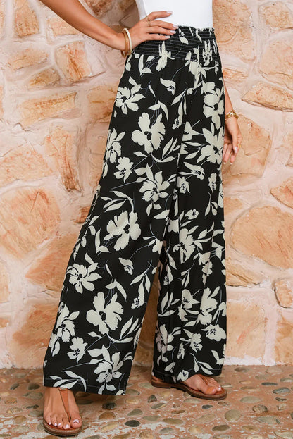 Blue Floral Smocked Frill Waist Wide Leg Pants
