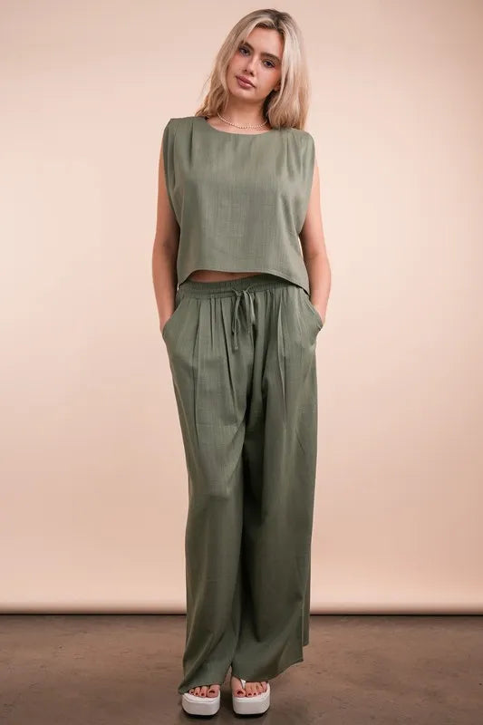 VERY J Solid Woven Top &amp; Pants Set