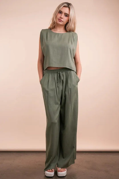 VERY J Solid Woven Top &amp; Pants Set
