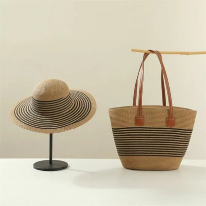 Straw Hat &amp; Tote Set – Beach Vacation Sun Protection Duo, Large Capacity Travel Tote