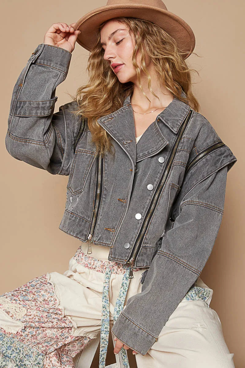 POL Cropped Denim Jacket with Functional Zipper Detail