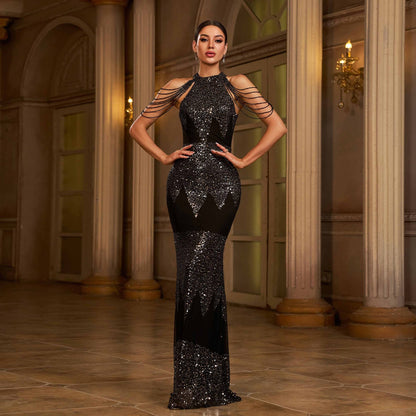 Halter Sequin Beads Slim-fit Evening Dress