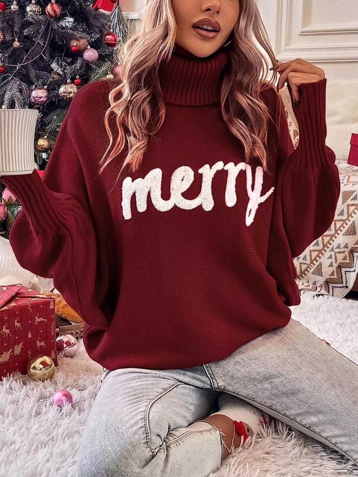 Merry Turtleneck Long Sleeve Christmas Sweater