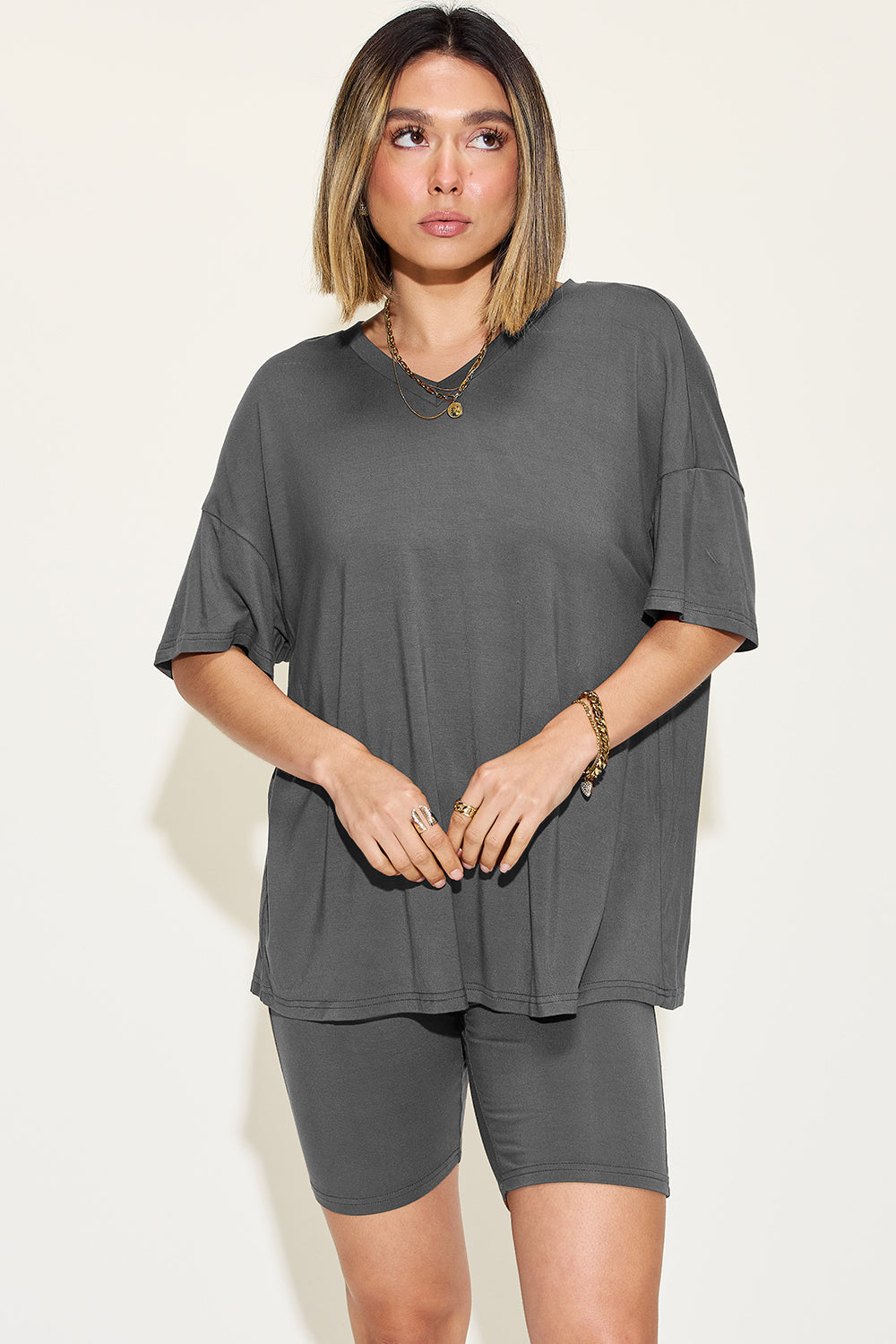 Relaxed Fit Rayon V-Neck Tee &amp; Shorts Set