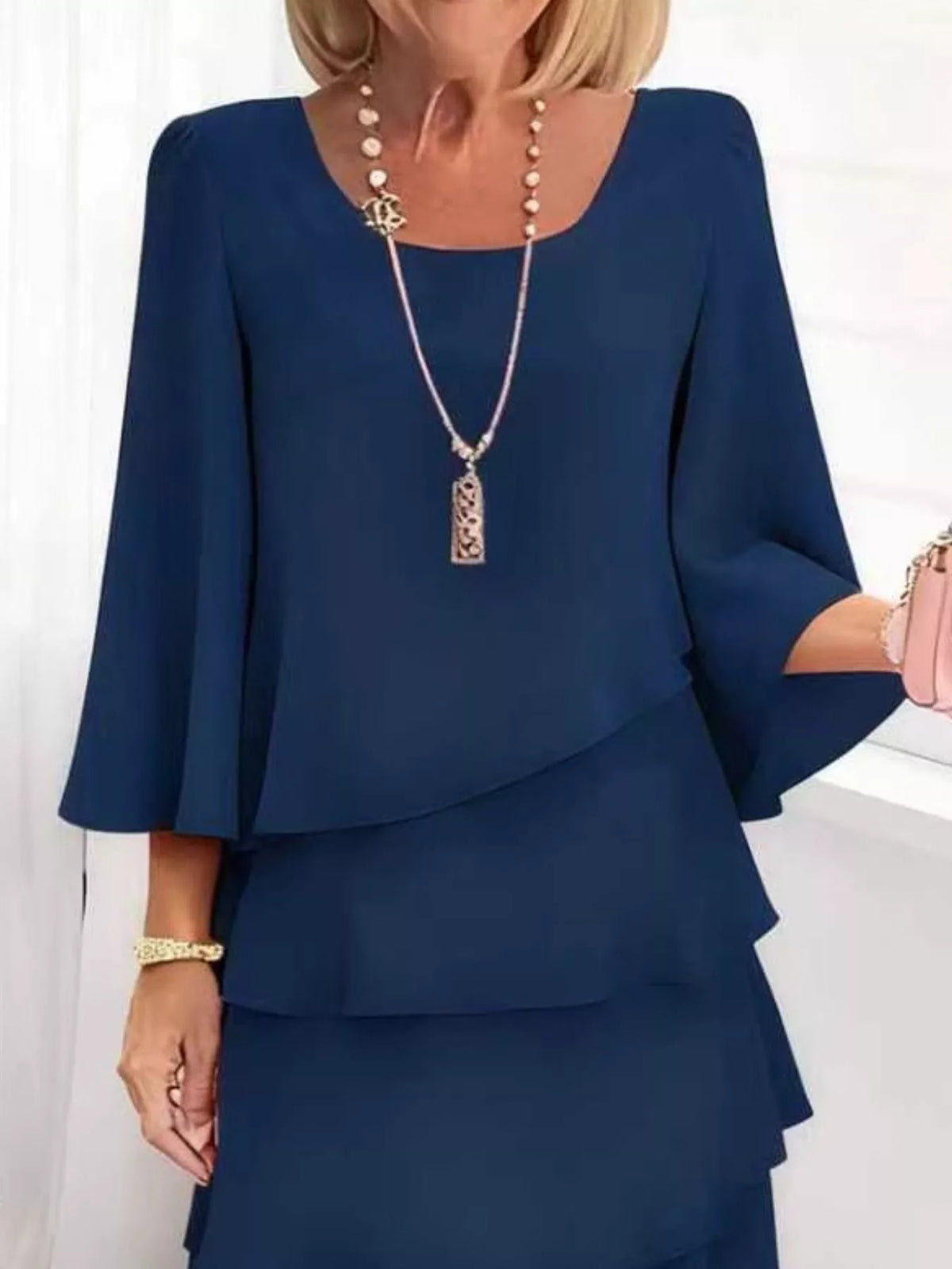 Full Size Ruffled Layered 3/4 Sleeve Dress Plus Size