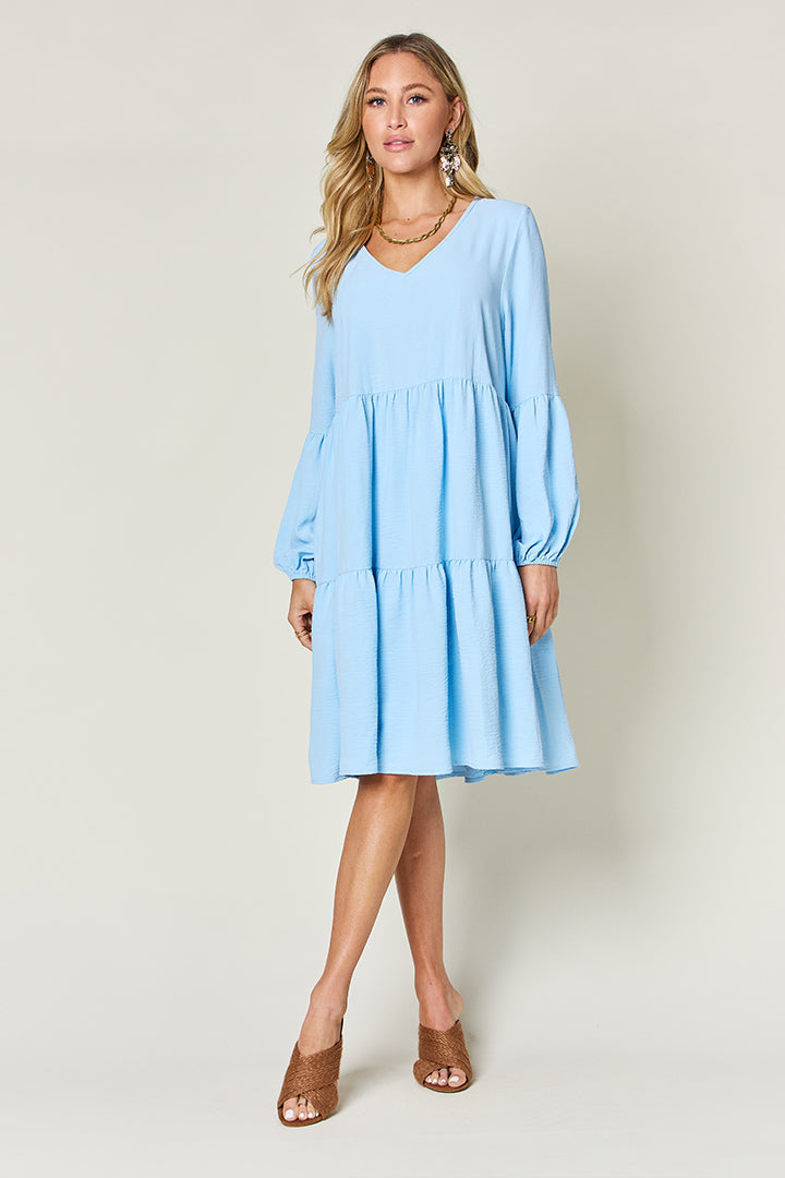 V-Neck Balloon Sleeve Tiered Boho Midi Dress