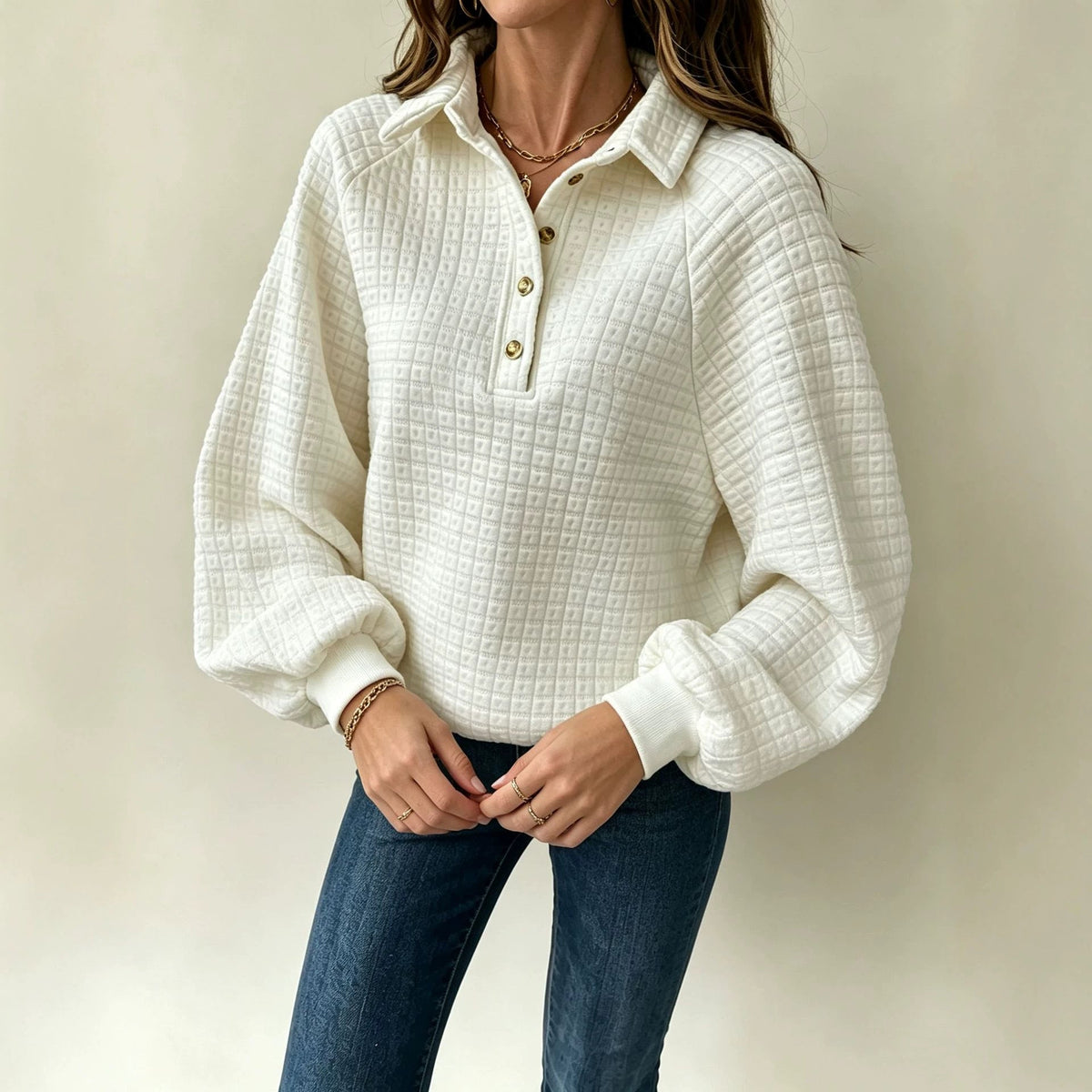 Turn-down Collar Textured Top Women&