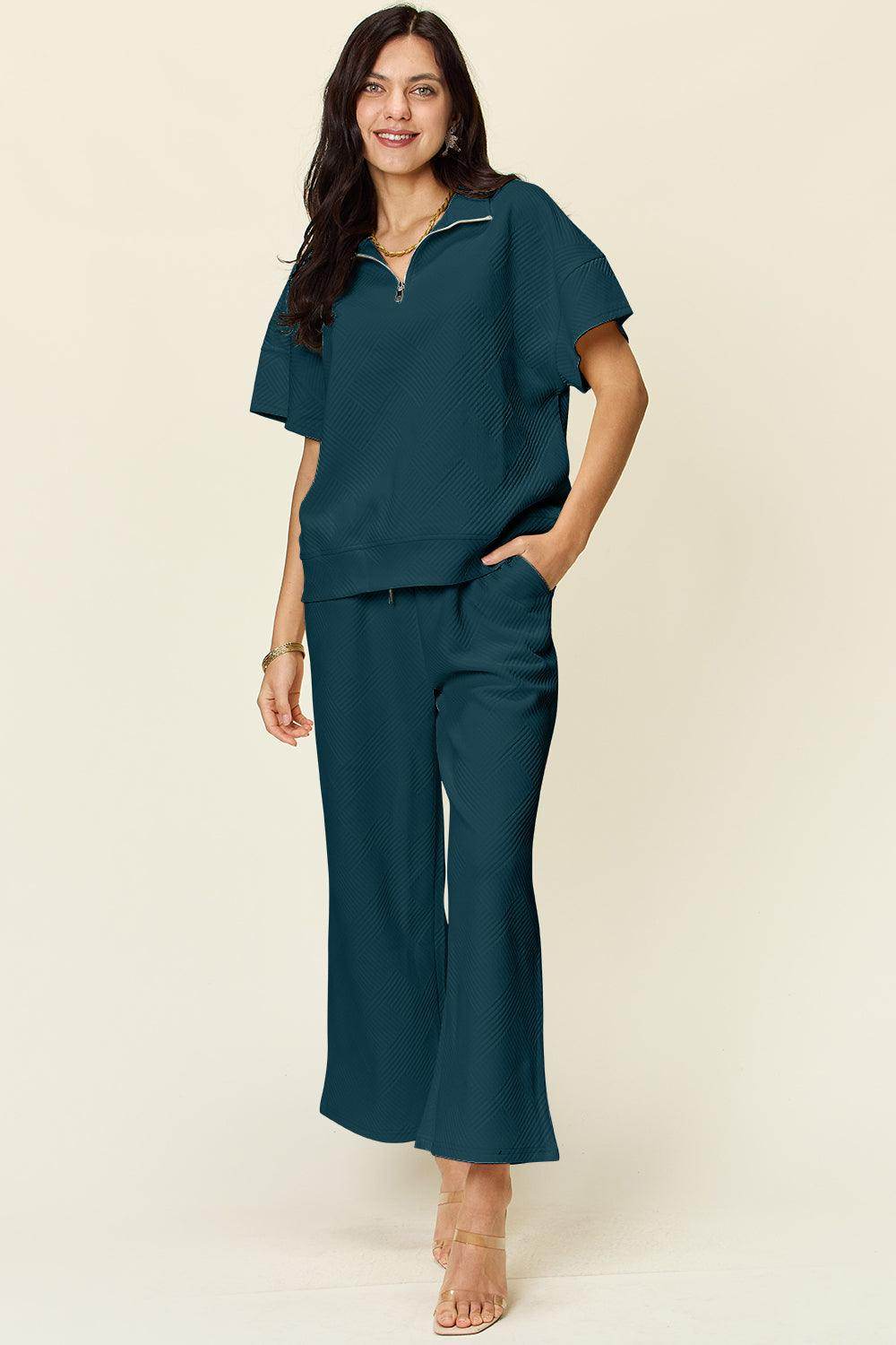 Double Take Full Size Texture Half Zip Short Sleeve Top Set