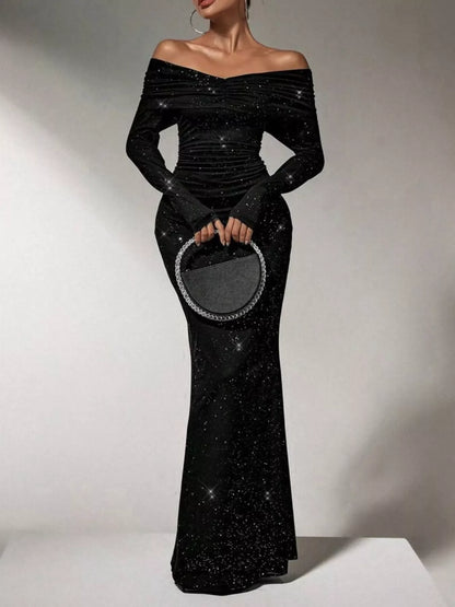 Off-Shoulder Glitter Evening Maxi Dress