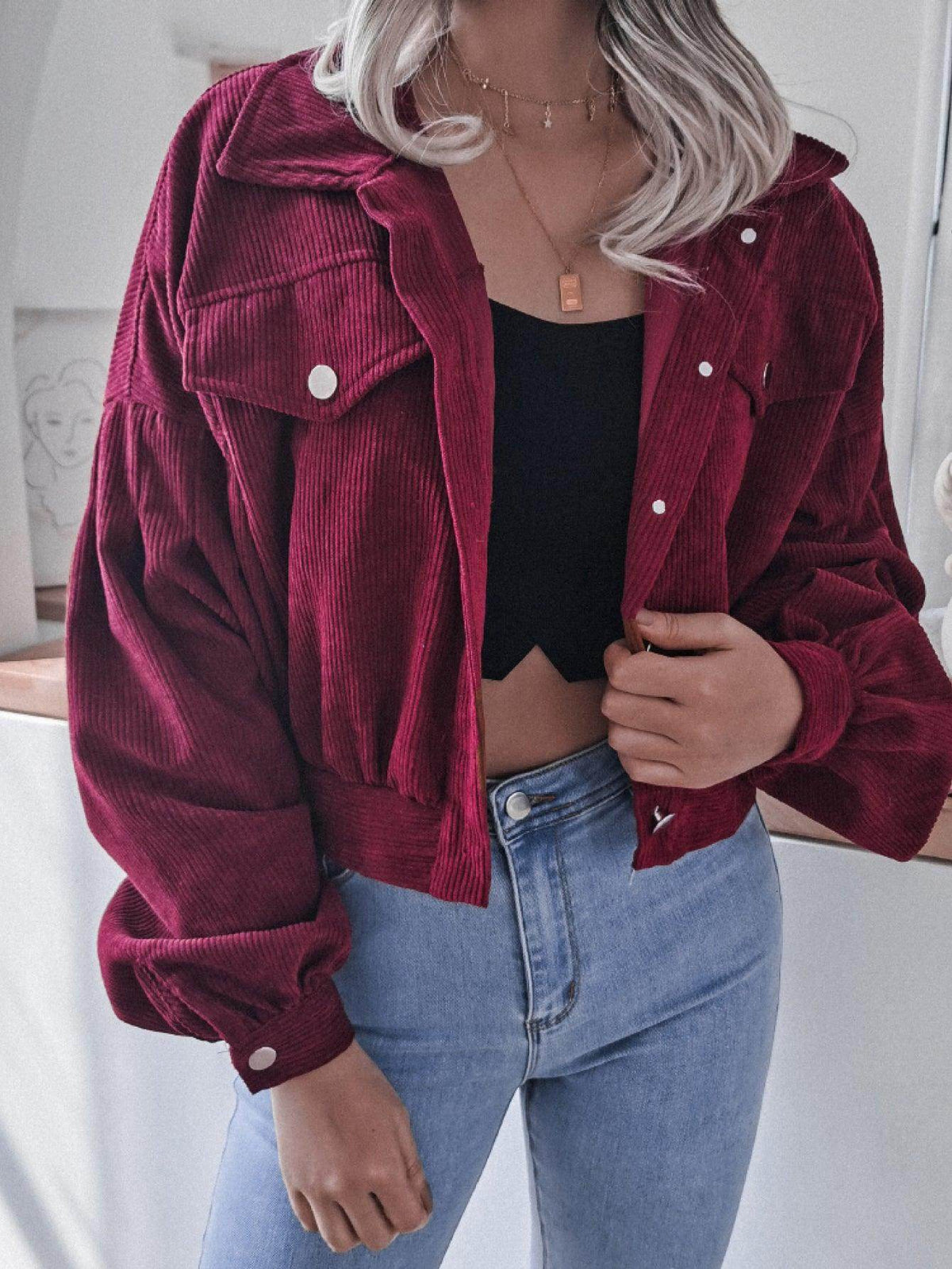 Lantern Sleeve Cropped Corduroy Jacket for Stylish Comfort