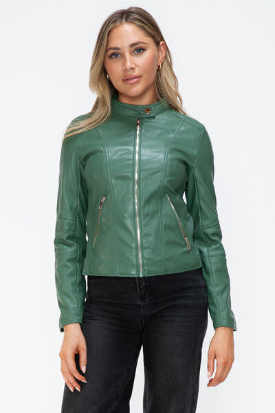 Women Classic Snobbish Faux Leather Zip-Up Drawstring Hooded Jacket Edgy &amp; Casual PU Leather Jacket For Streetwear
