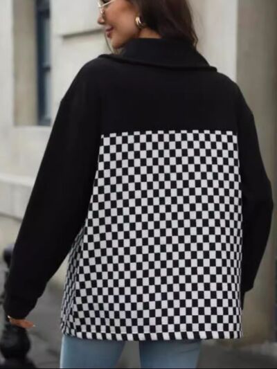 Black Checkered Snap Down Long Sleeve Jacket Stylish &amp; Functional Buttoned Outerwear