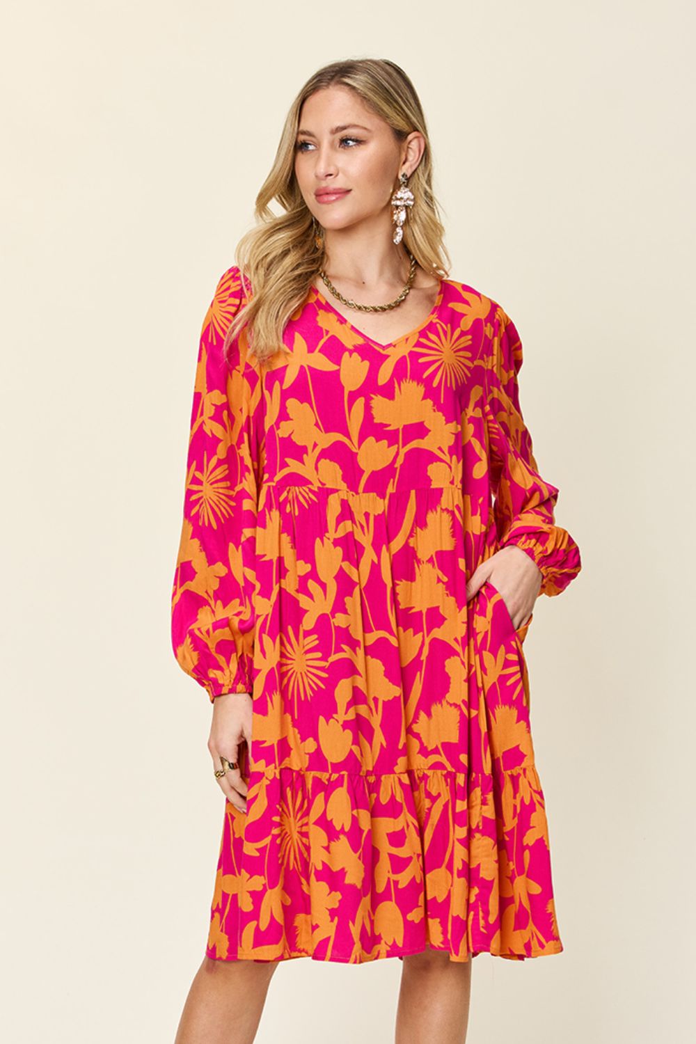Double Take Full Size Printed Ruffle Hem Dress with Pocket Stylish &amp; Functional Women Dress