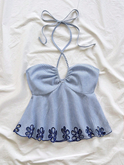 One-shoulder Strap Backless Striped Tie-top