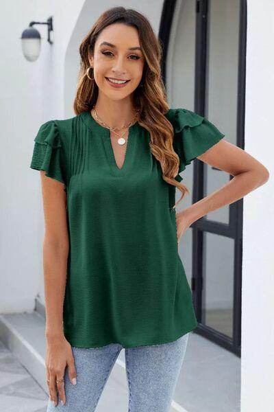 Ruffled Notched Short Sleeve Blouse for Women Stylish Wear