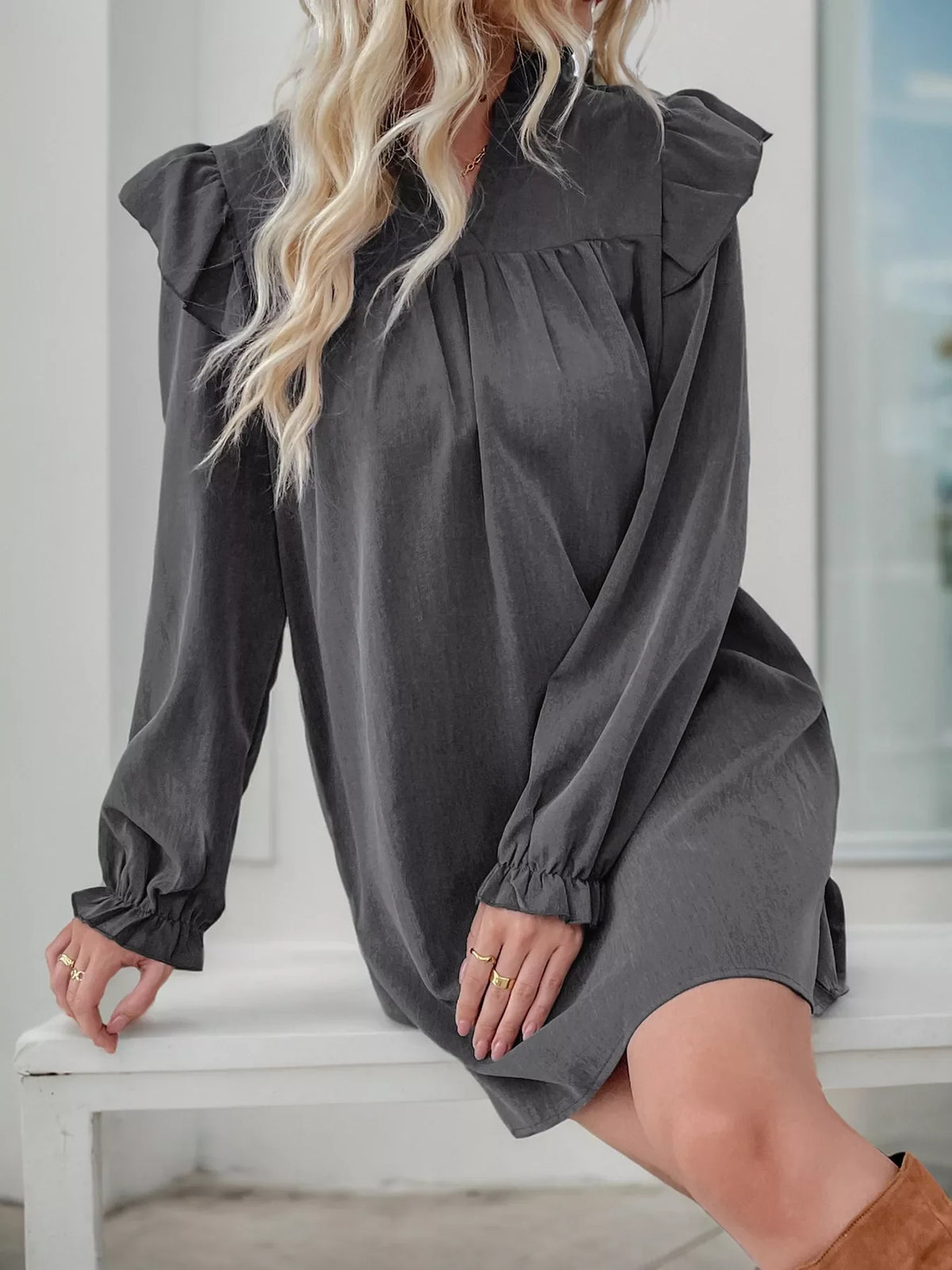Ruffled Notched Long Sleeve Dress