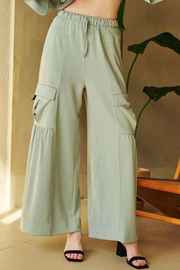 Davi &amp; Dani Drawstring Ruched Detail Wide Leg Pants