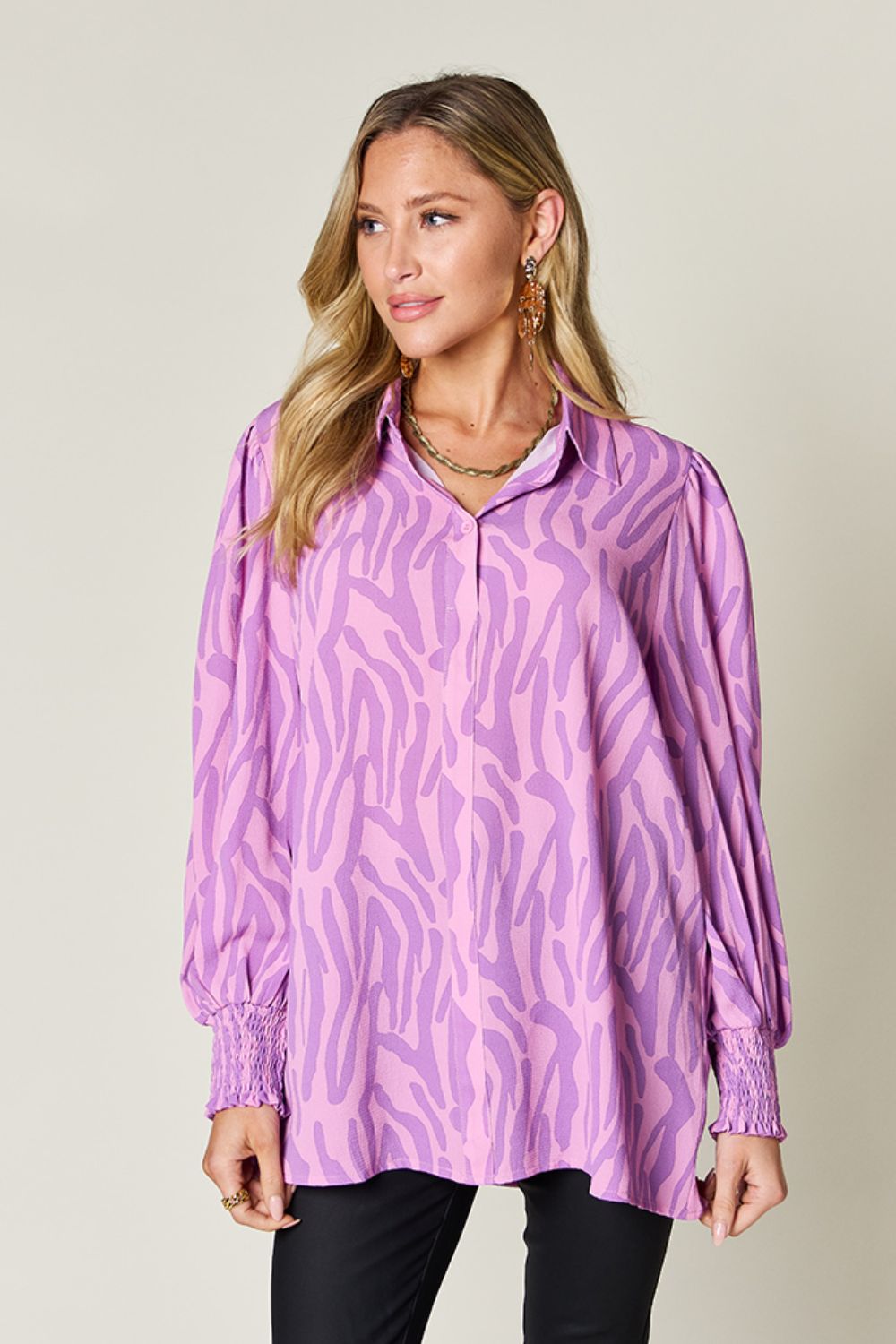 Smocked Long Sleeve Top with Alluring Print