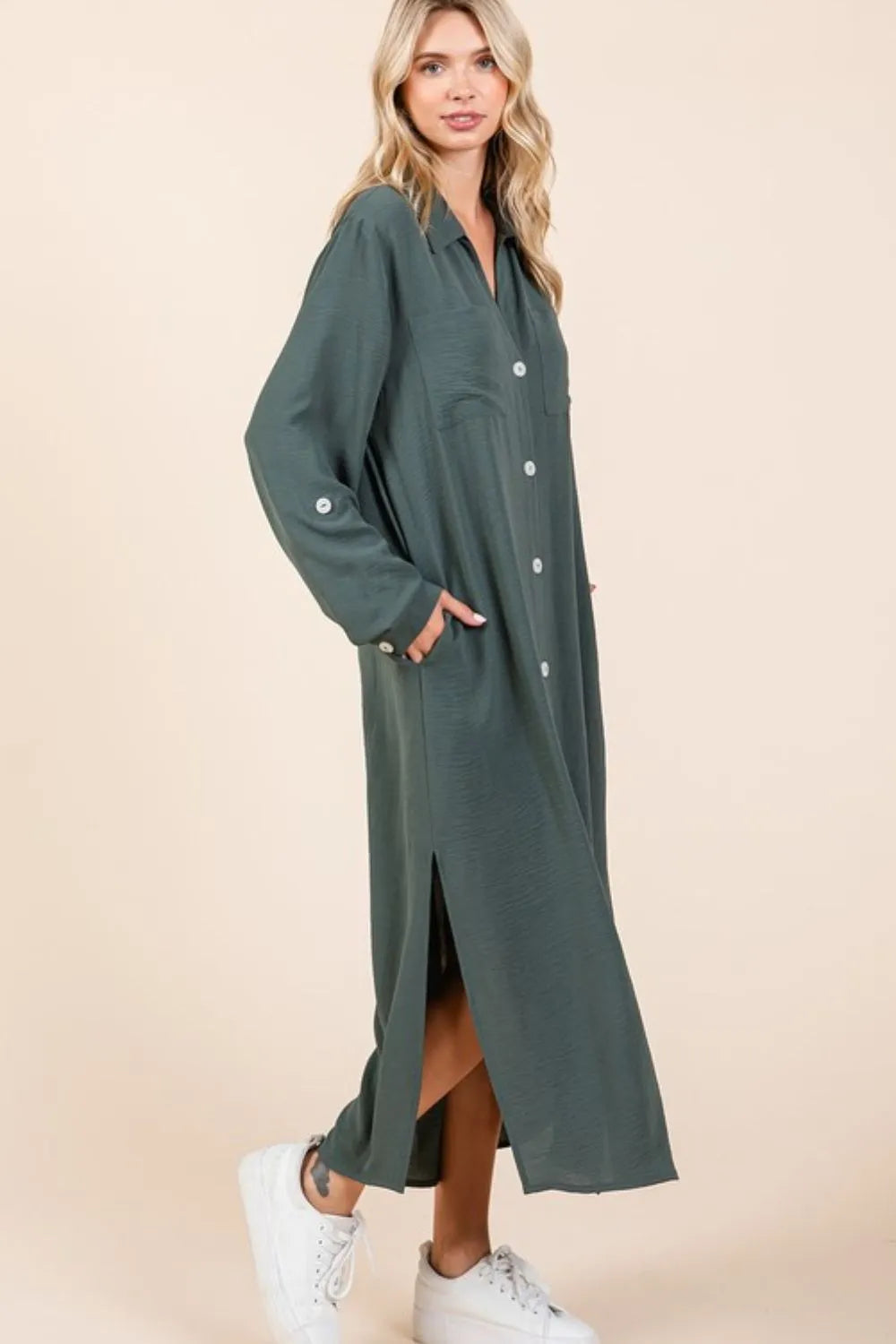 Mittoshop Airflow V-Neck Long Sleeve Button Down Maxi Dress