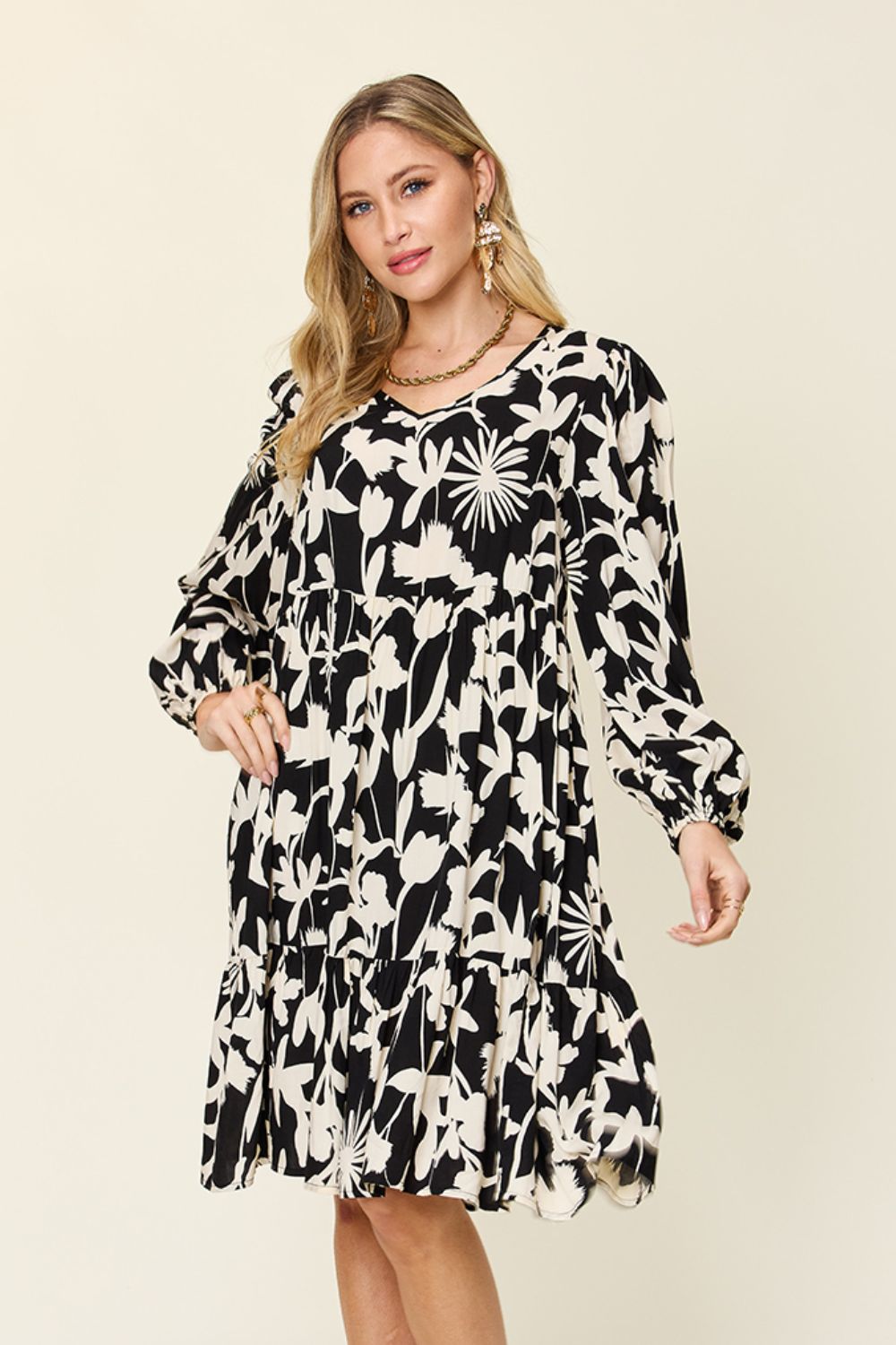 Double Take Full Size Printed Ruffle Hem Dress with Pocket Stylish &amp; Functional Women Dress