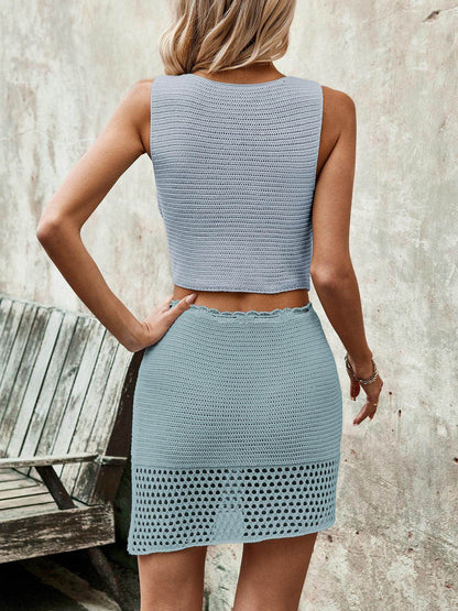 Button Up Sleeveless Top and Drawstring Skirt Set for Women
