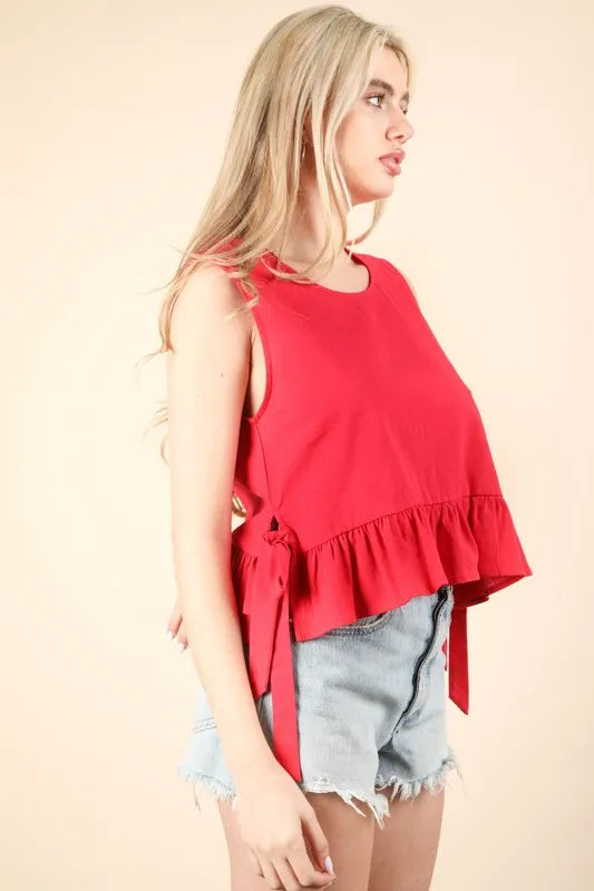 VERY J Side Tie Detail Ruffled Sleeveless Top