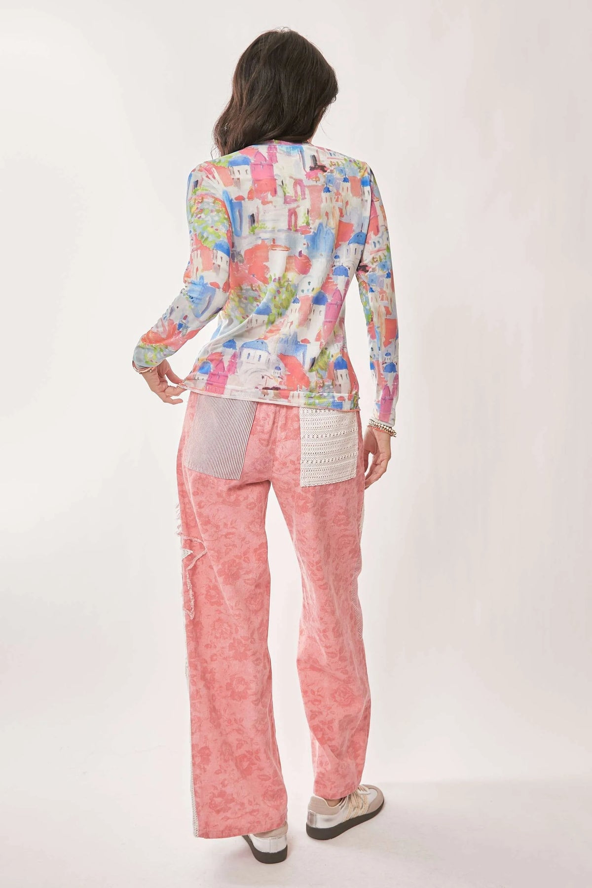 Davi &amp; Dani Multi Printed Mesh Round Neck Long Sleeve Top
