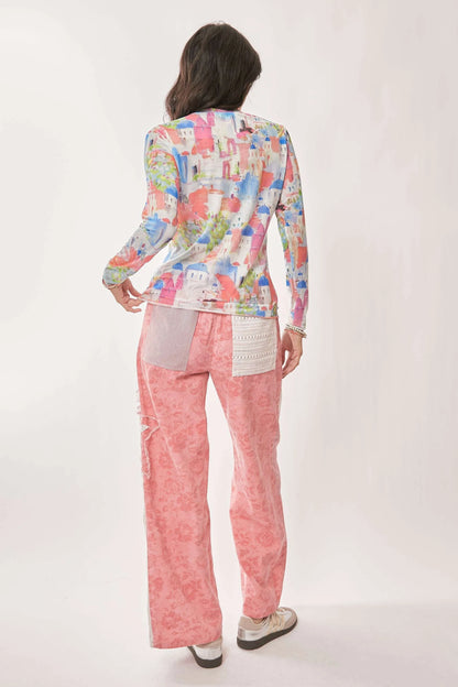 Davi &amp; Dani Multi Printed Mesh Round Neck Long Sleeve Top