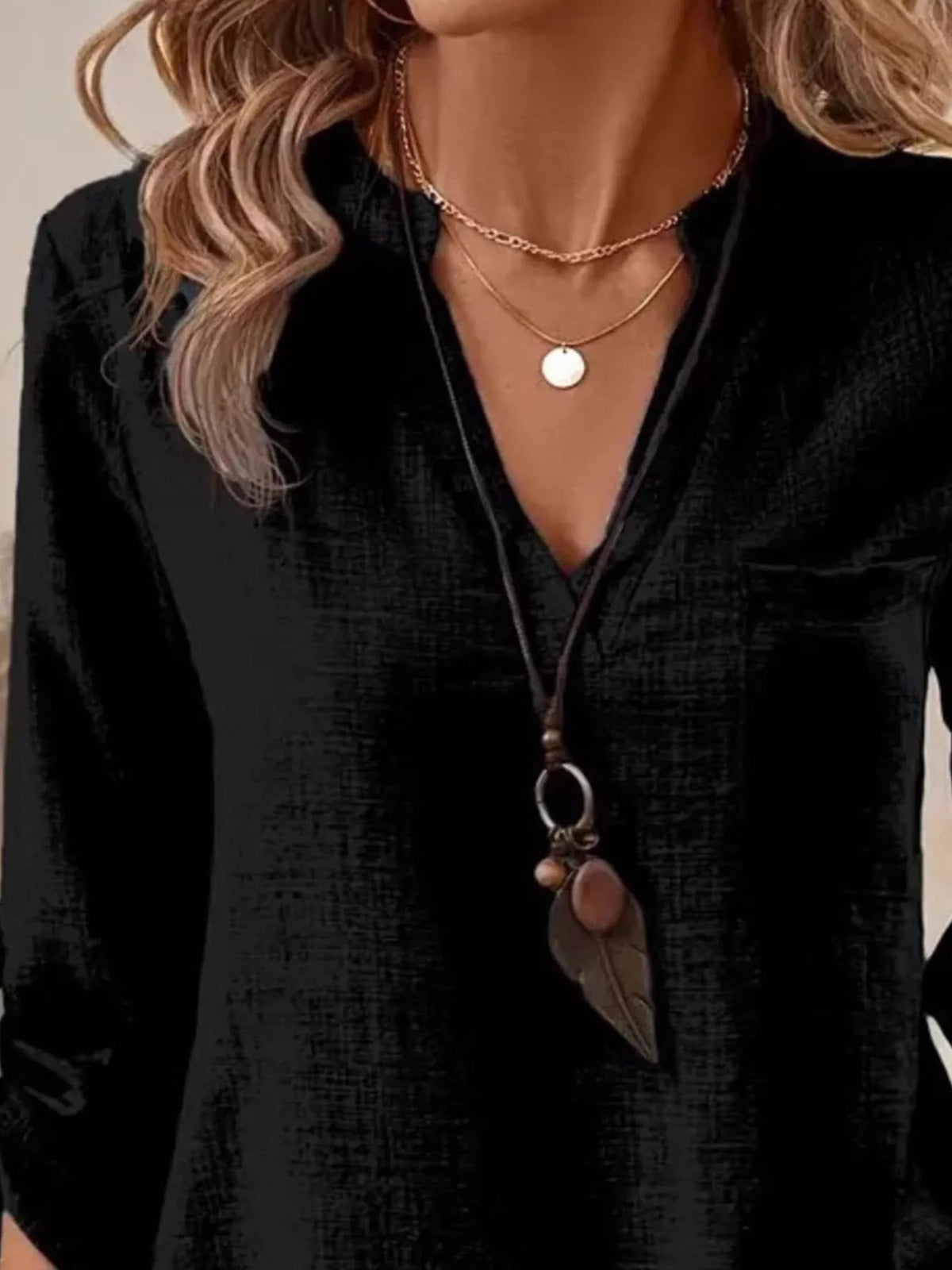 Roll-Up Sleeve Notched Blouse