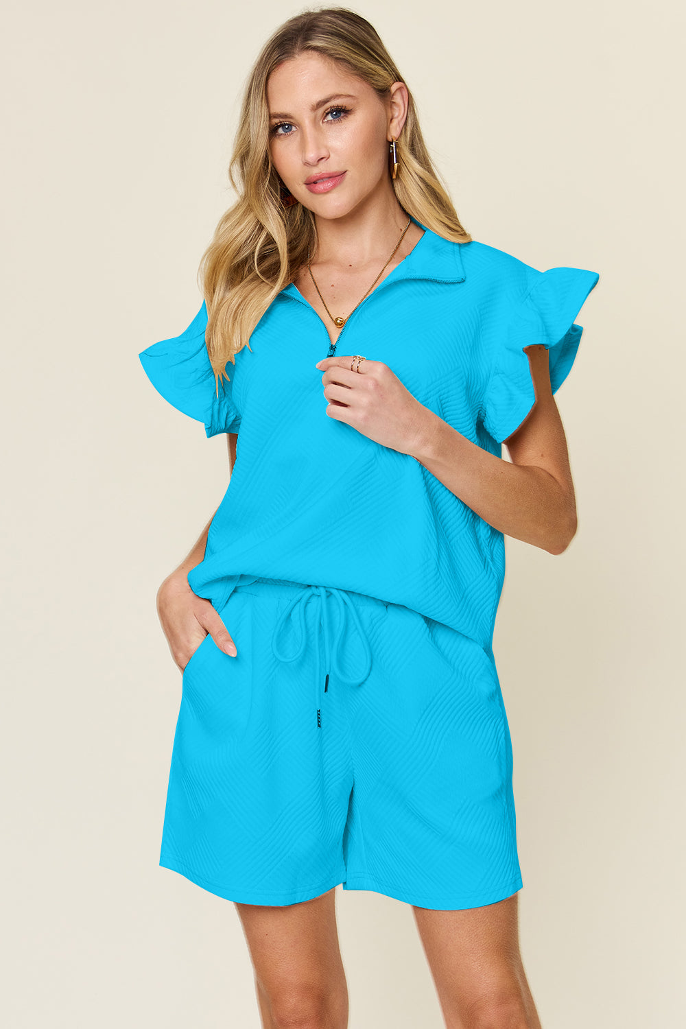 Textured Flounce Sleeve &amp; Drawstring Shorts Set