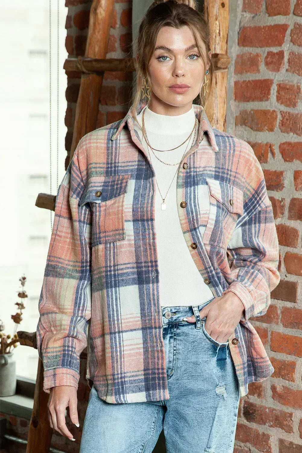 Pink &amp; Grey Button Up Plaid Flannel Shacket – Femstylo