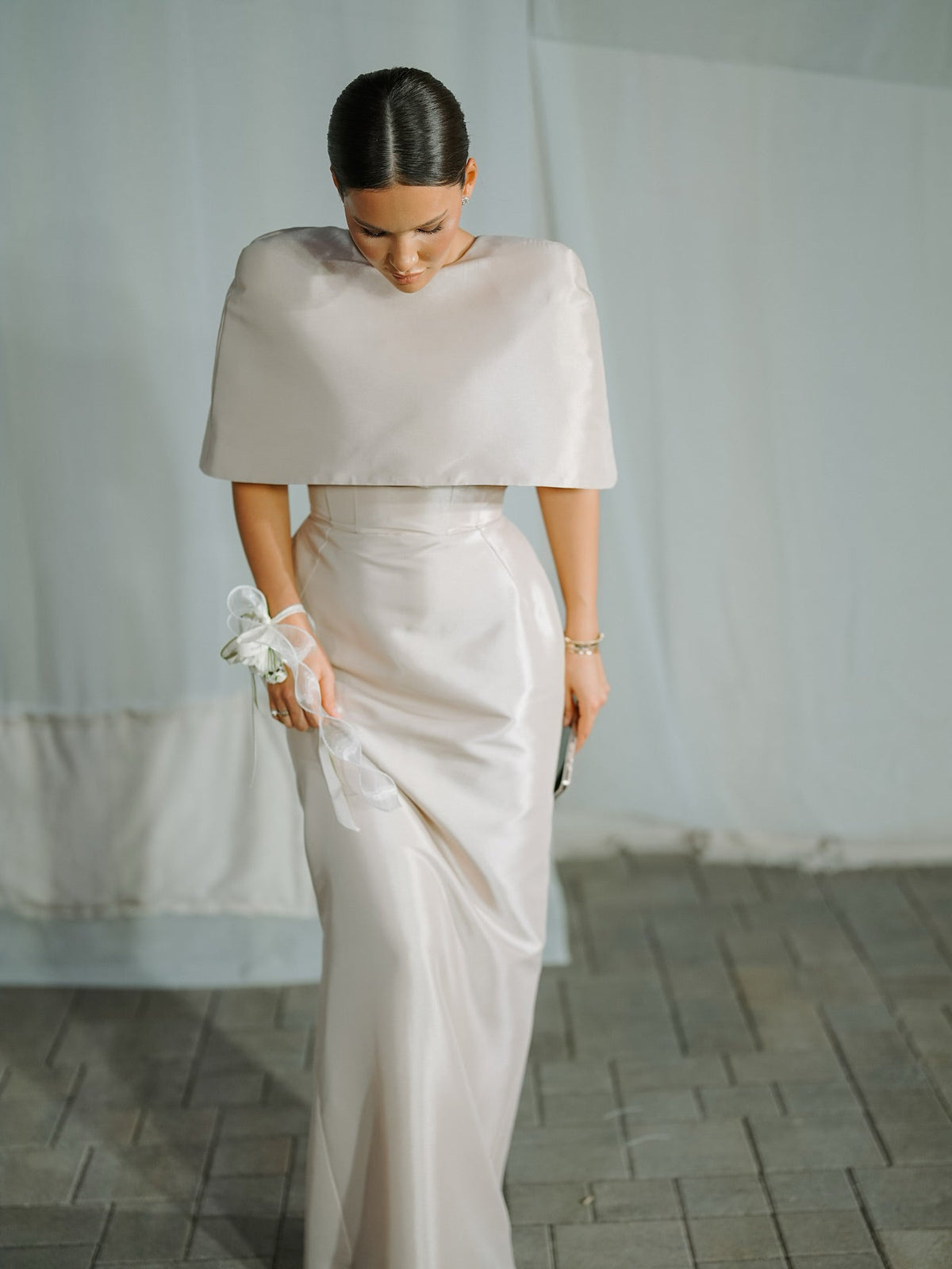 Satin Cape-style Top &amp;Fitted Maxi Dress Set