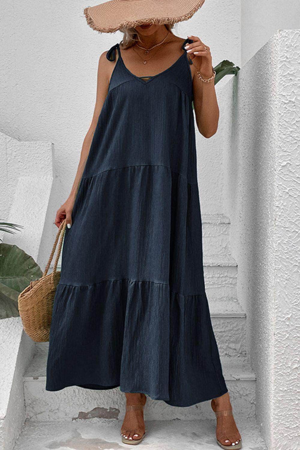 Perfee Tie-Shoulder Tiered Maxi Dress for Vacation Wear