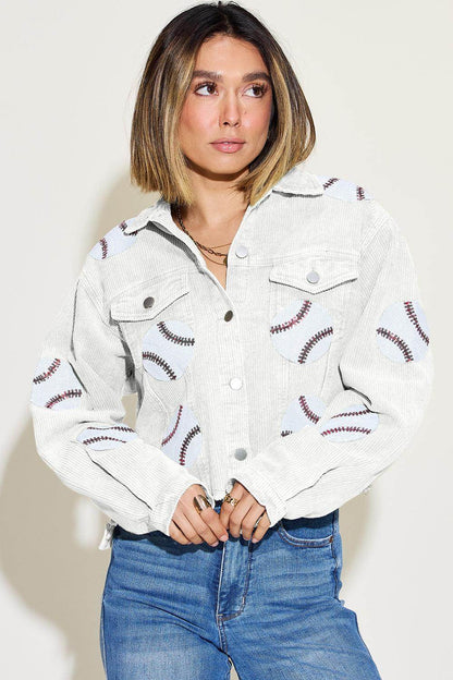 Baseball Sequin Dropped Shoulder Raw Hem Jacket for Women