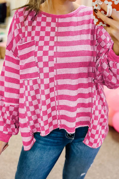 Checker &amp; Stripes Round Neck Long Sleeve Blouse