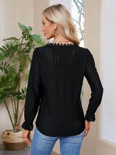 Lace Detail Eyelet V-Neck Flounce Sleeve Blouse for Women