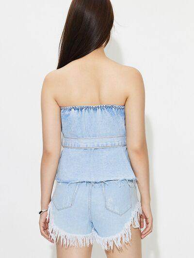 Buttoned Raw Hem Tube Denim Top for Stylish Comfort