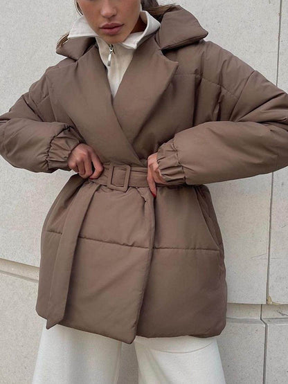 Puffer Long Sleeve Winter Coat with Belt for Women