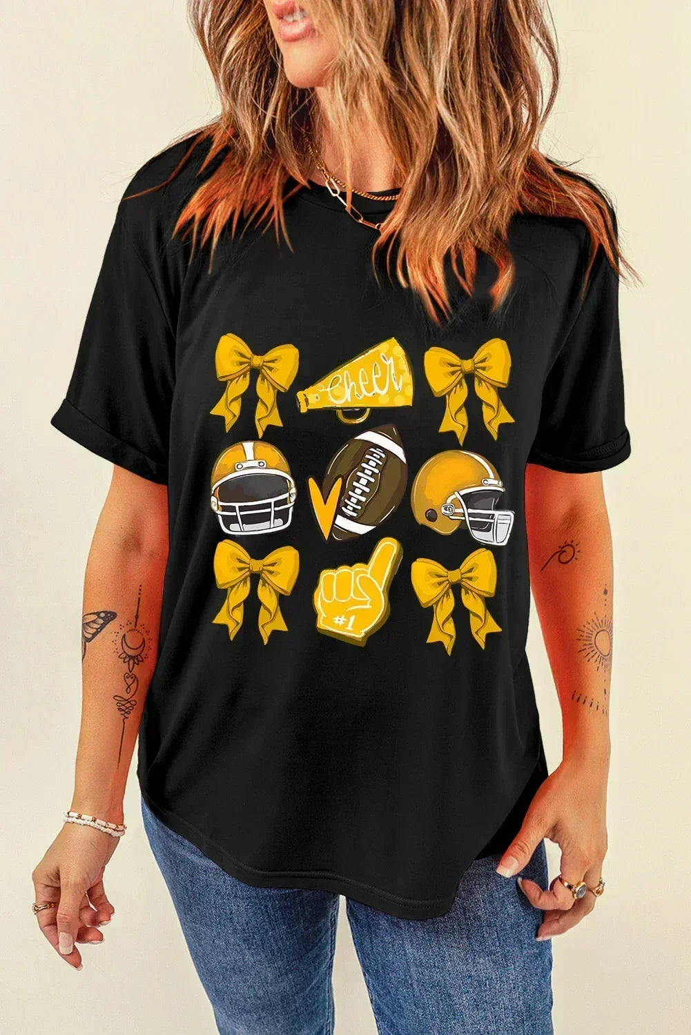 Game Day Rugby Tee: White Cheer Helmet &amp; Bow Graphic T-Shirt